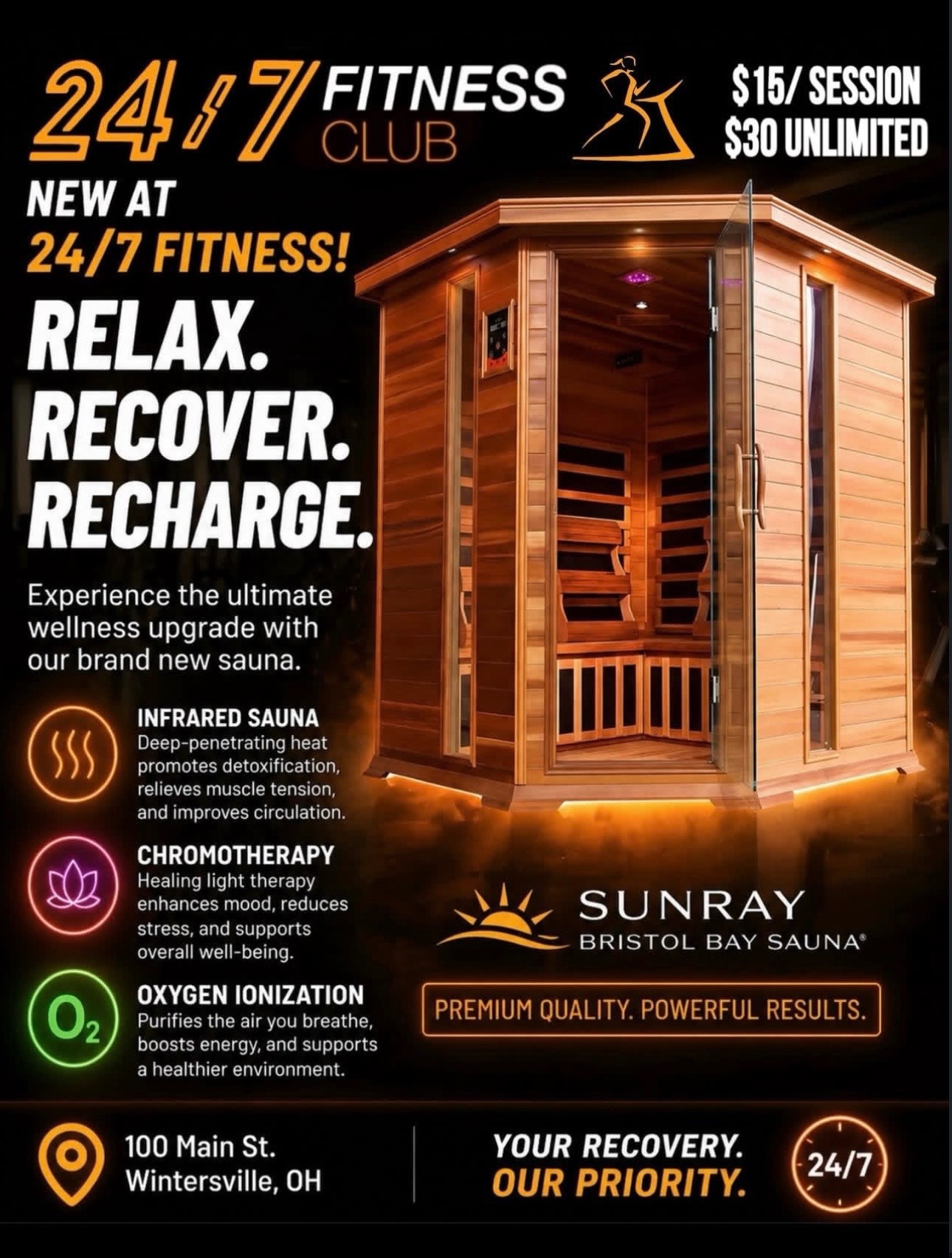 SUNRAY Bristol Bay infrared sauna with wooden seating and a glass door